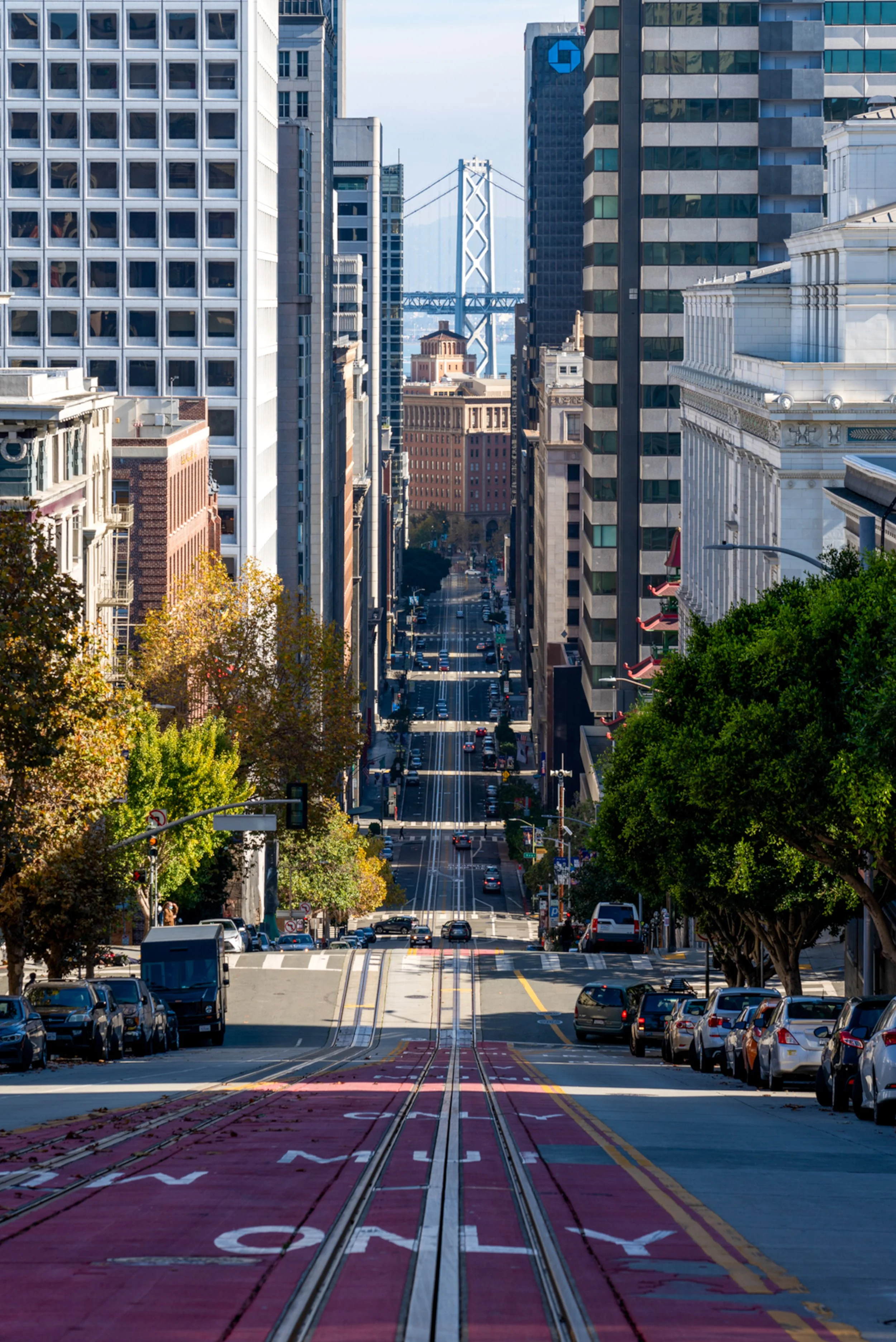 The Vertical City
A dizzying, top-down view looking directly down California Street in San Francisco. This perspective emphasizes the city's famous steep grades and the canyon-like effect of the Financial District’s skyscrapers. The long, straight li