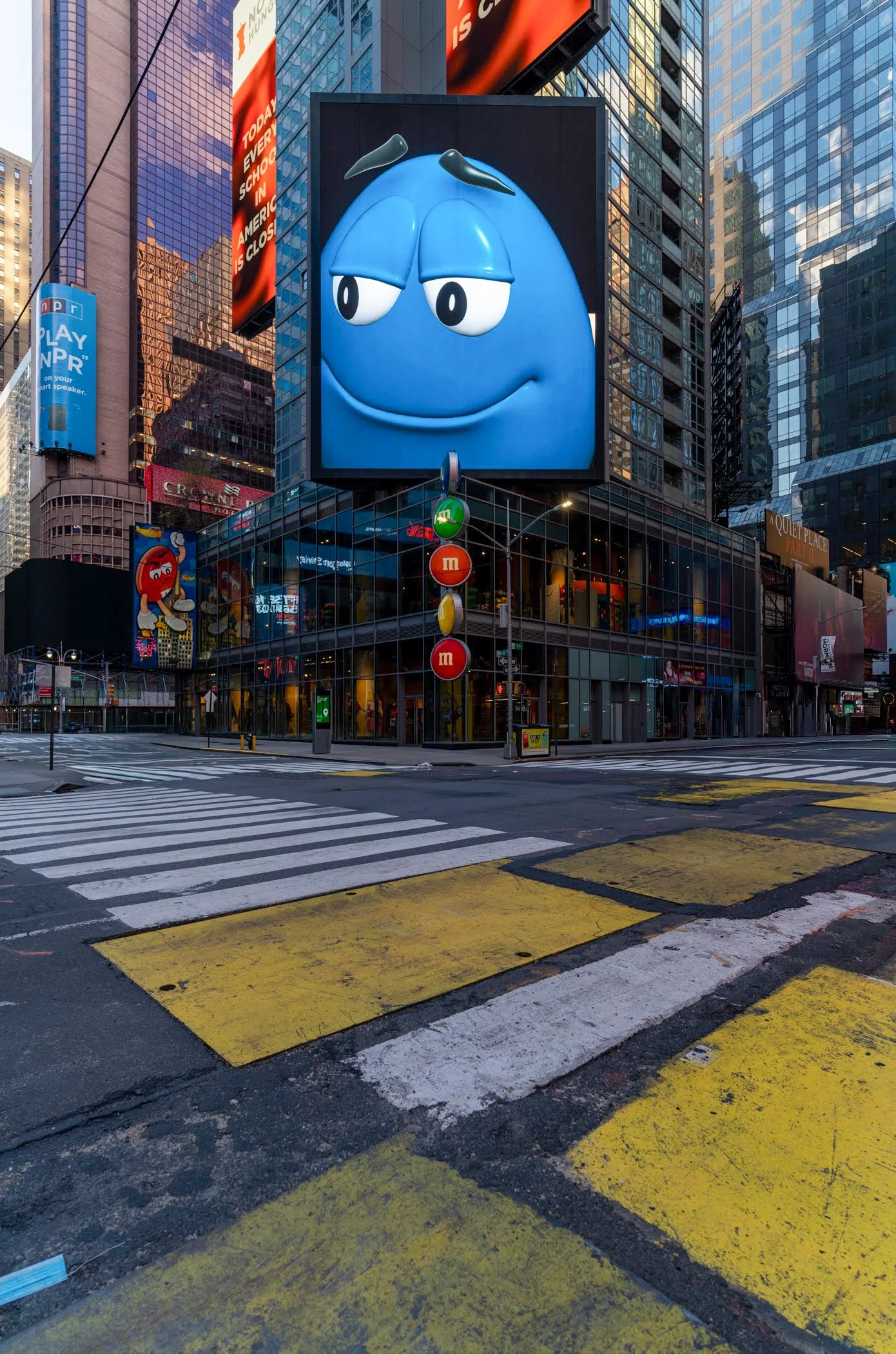 An eerily empty Times Square during Covid.  