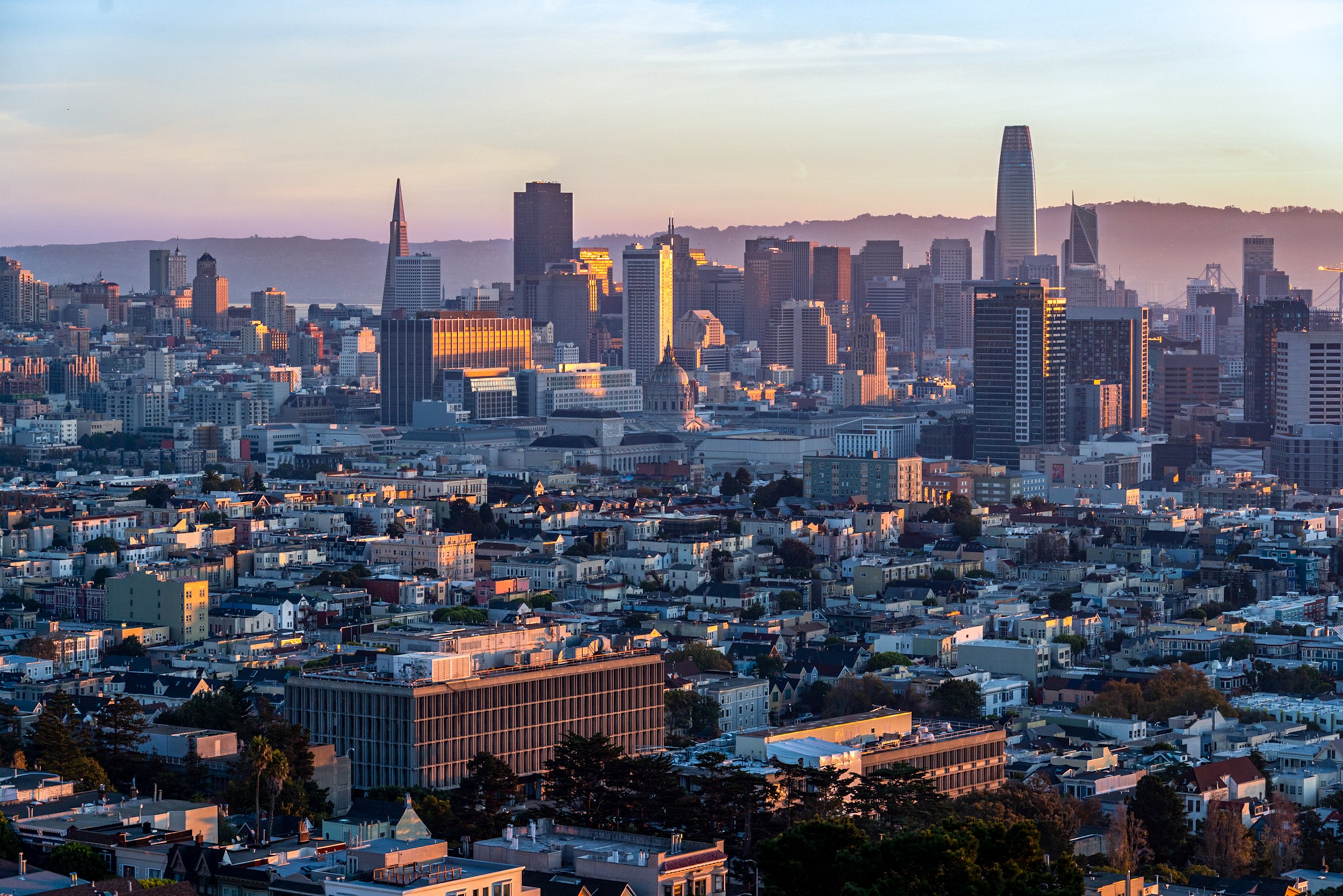 Fog City Skyline
: A wide aerial view of the San Francisco skyline as evening sets in. The Salesforce Tower dominates the horizon, surrounded by the dense cluster of glass and steel that makes up the modern Financial District. In the distance, the so