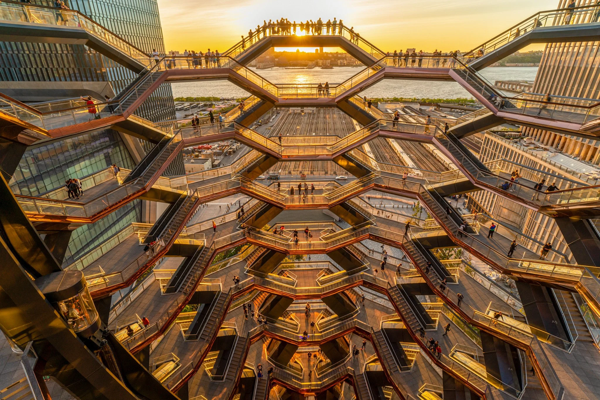 The "Vessel" aka The Big Shawarma in Hudson Yards just before sunset.  