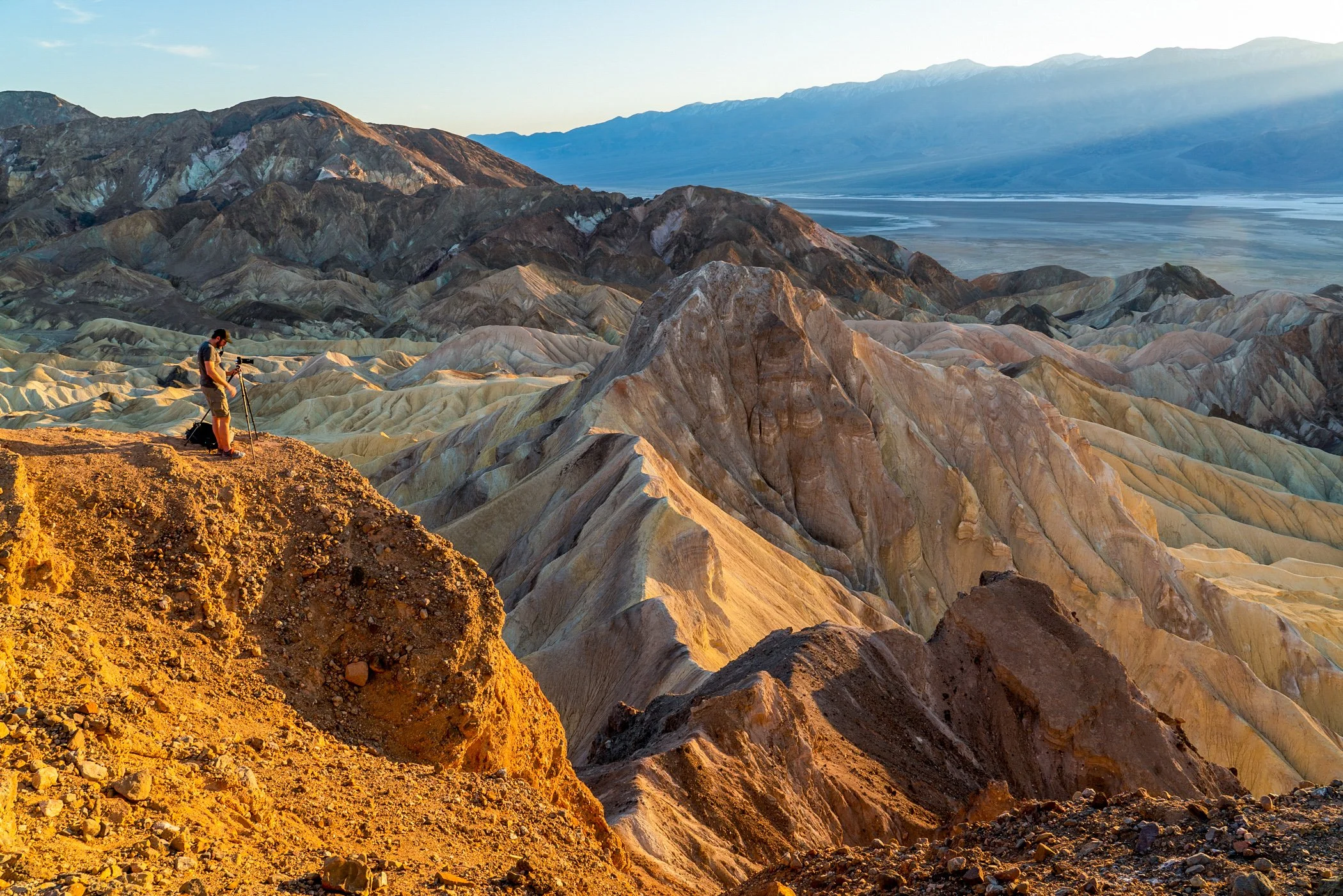 Near Zabriskie Point is undulating badlands—a maze of yellow and brown striped hills carved by ancient lake sediments and erosion.