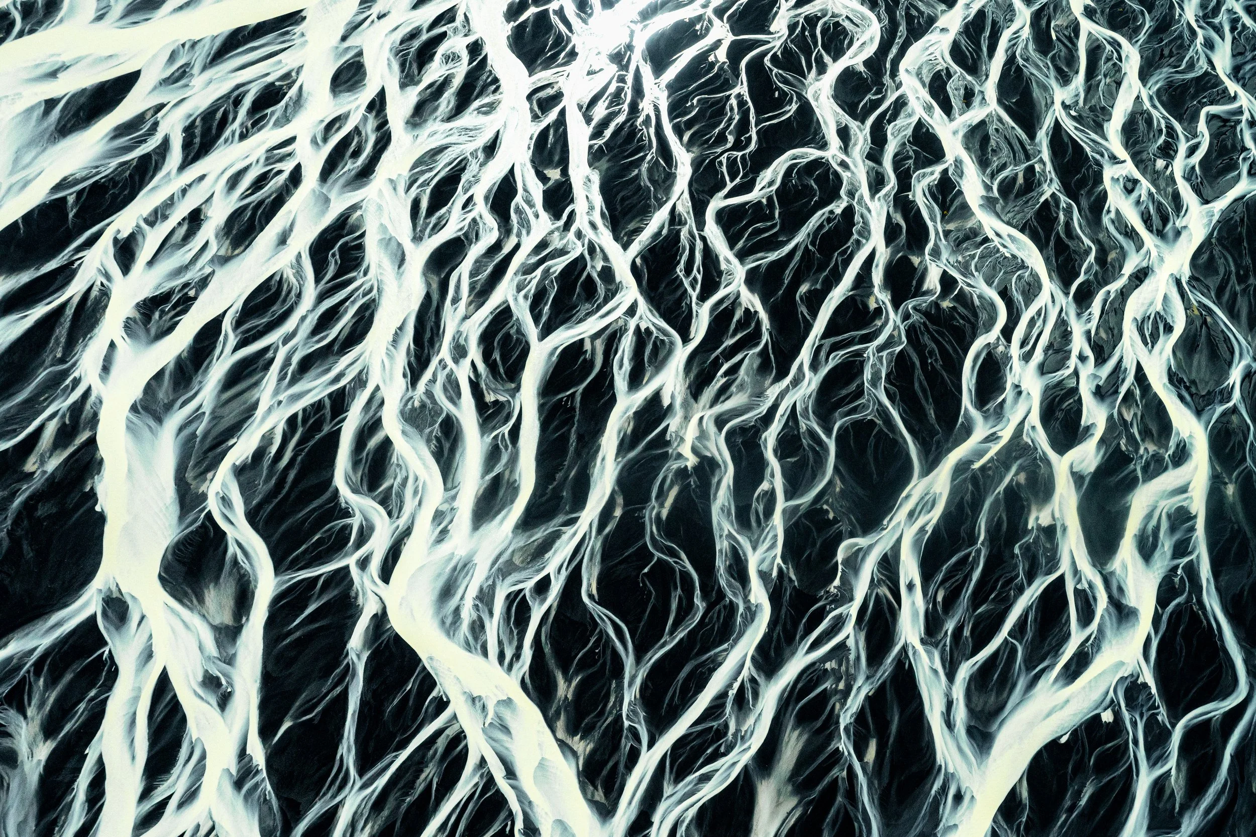 Volcanic Fractal
An abstract study of natural geometry. The branching patterns of the water mimic the structures found in everything from lightning bolts to human lungs. The deep blacks of the basaltic sand provide a stark canvas for the intricate, p