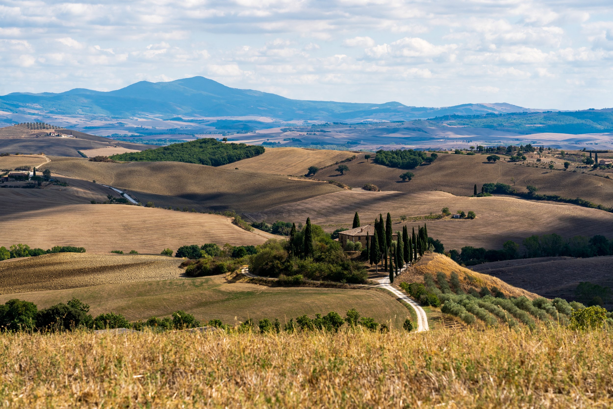 Val d'Orcia
A view of a solitary famrhouse perced on a ridge within the Tuscan countryside. 