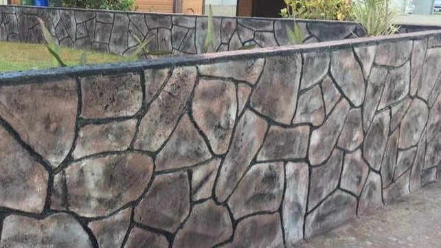 A stone wall with irregularly shaped stones and dark grout lines, with some plants at the top and a building in the background.