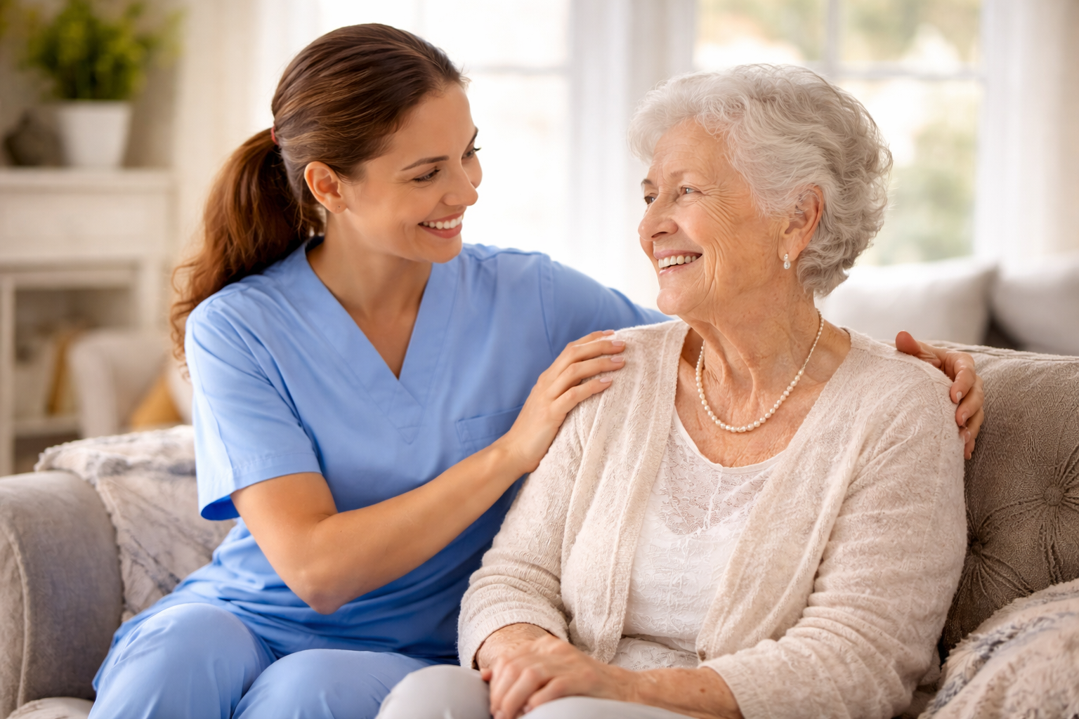 A nurse in blue scrubs smiling and talking to an elderly woman with white hair, who is sitting on a couch, and they are holding hands in a bright living room.