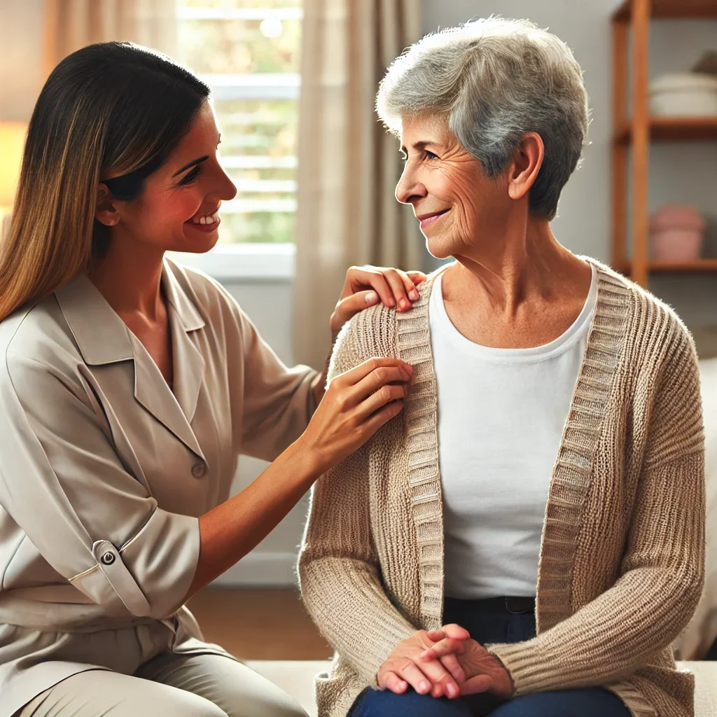 A young woman care worker talking to an elderly woman, offering her comfort and support in a cozy room.
