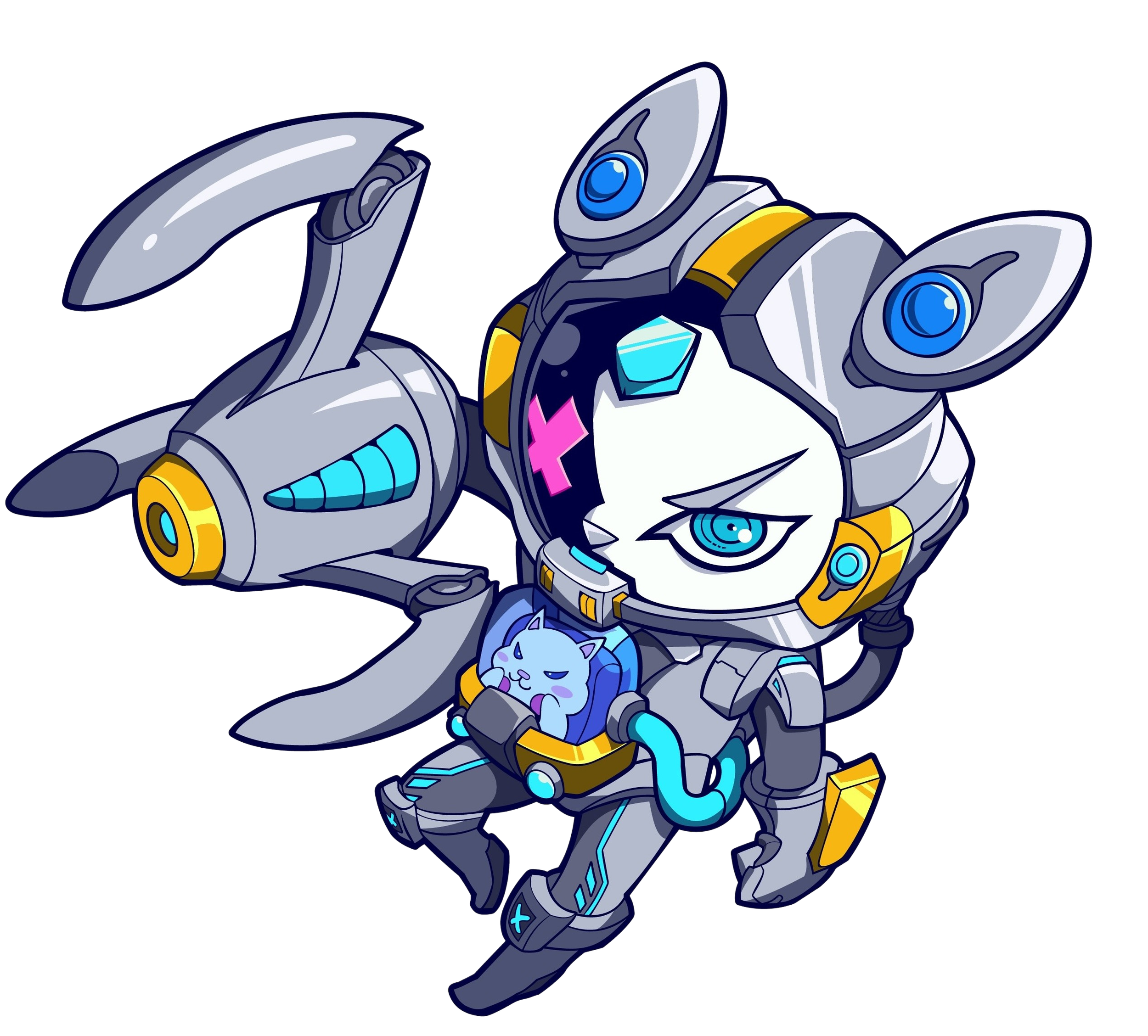 A stylized illustration of a robotic character with animal features, including a rabbit-like head and ears, a single eye, and a mechanical body with blue and yellow accents, holding a small, happy blue cat in a capsule.