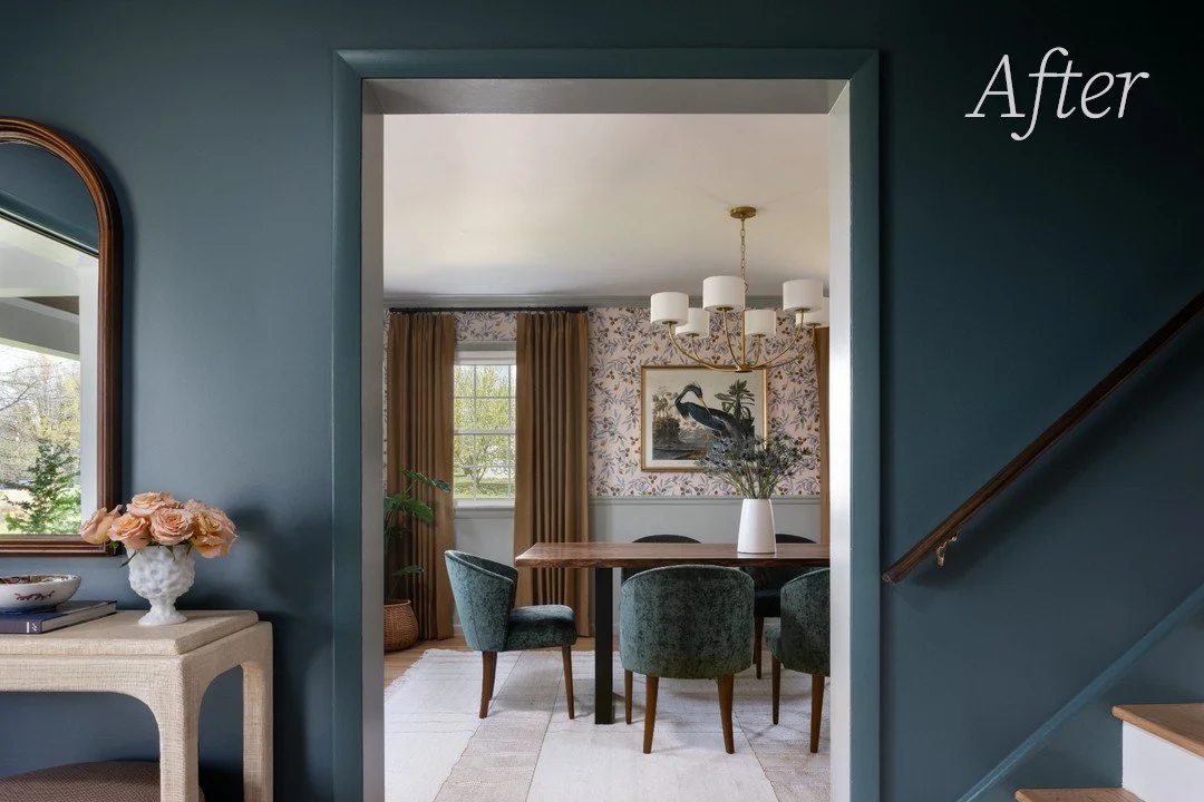 Finally sharing some Before &amp; Afters from our McLean project!  I love how this gorgeous Foyer and Dining Room turned out for our Louisiana ex-pat clients. 
We were able to incorporate their existing dining table into the new design, elevating it 