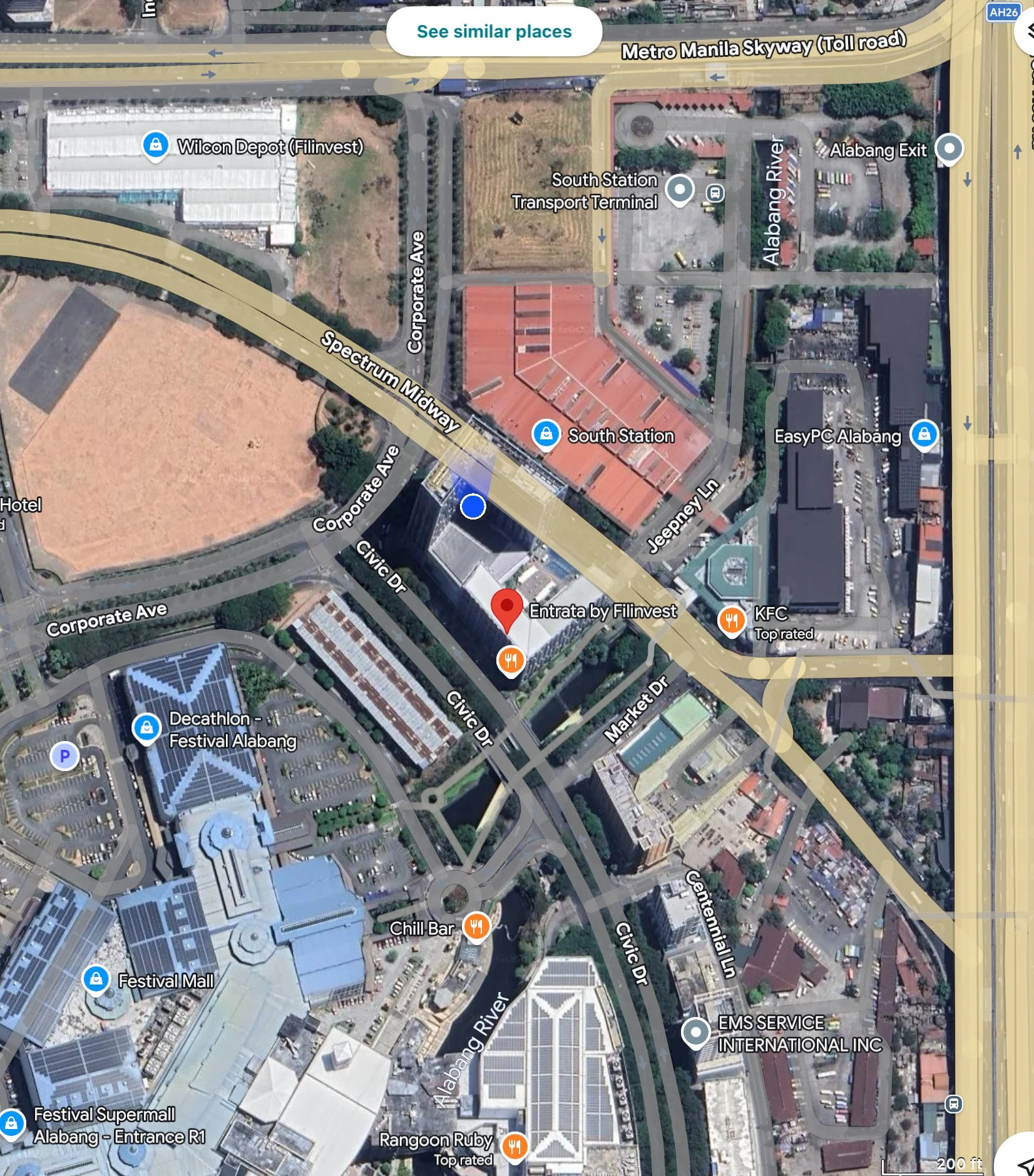 Satellite map showing Alabang area in Philippines with notable locations including Festival Mall, Decathlon Festival Alabang, and Skyway Toll Road.