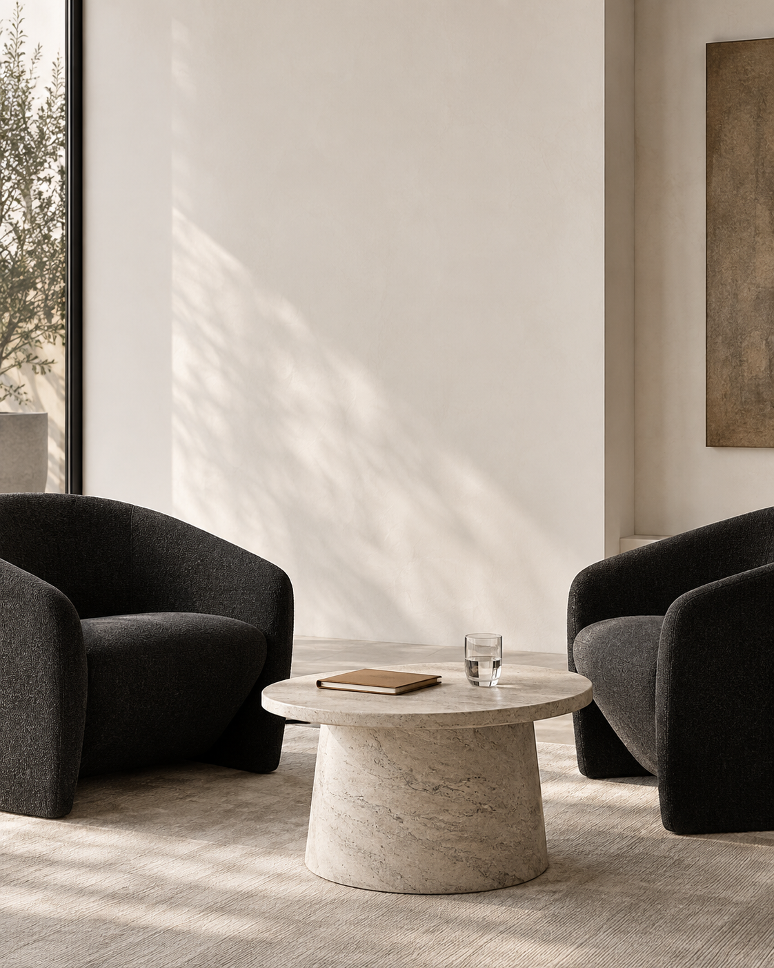 Private advisory setting with two charcoal chairs and a stone table