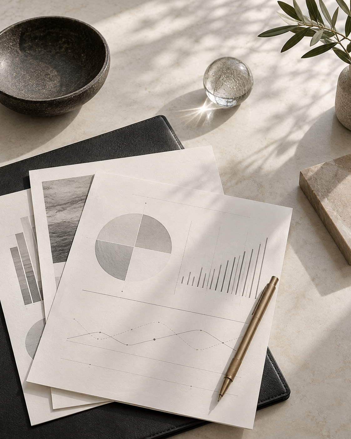 Portfolio analysis materials in the Solaris ivory, charcoal and bronze palette