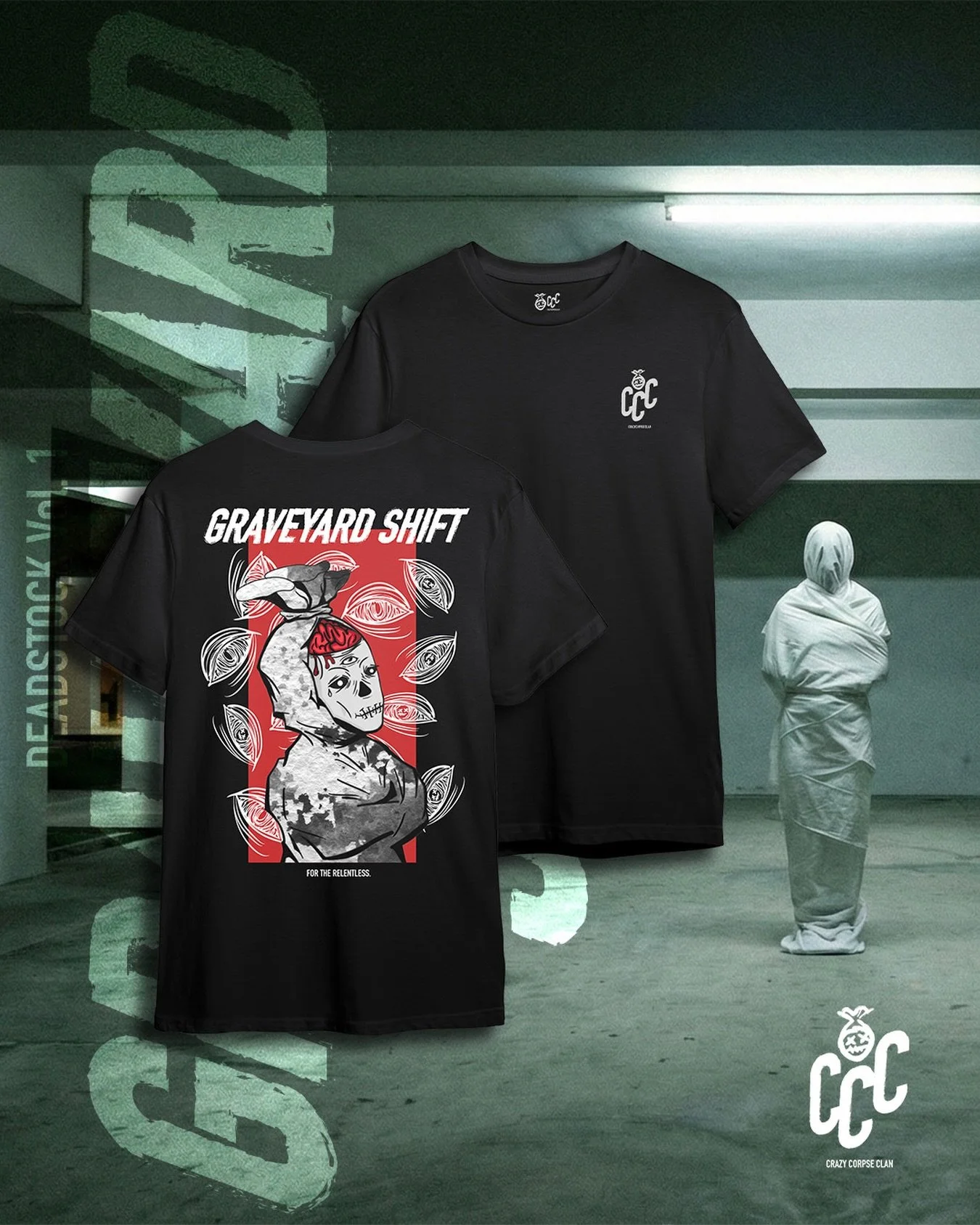 OUT OF THE GRAVE. 🪦

We didn&rsquo;t just build a brand; we brought the underground to life.
A closer look at the definitive piece of Deadstock Vol. 1. Minimal CCC insignia on the front. Full Graveyard Shift Pochong on the back.

Built for the concr