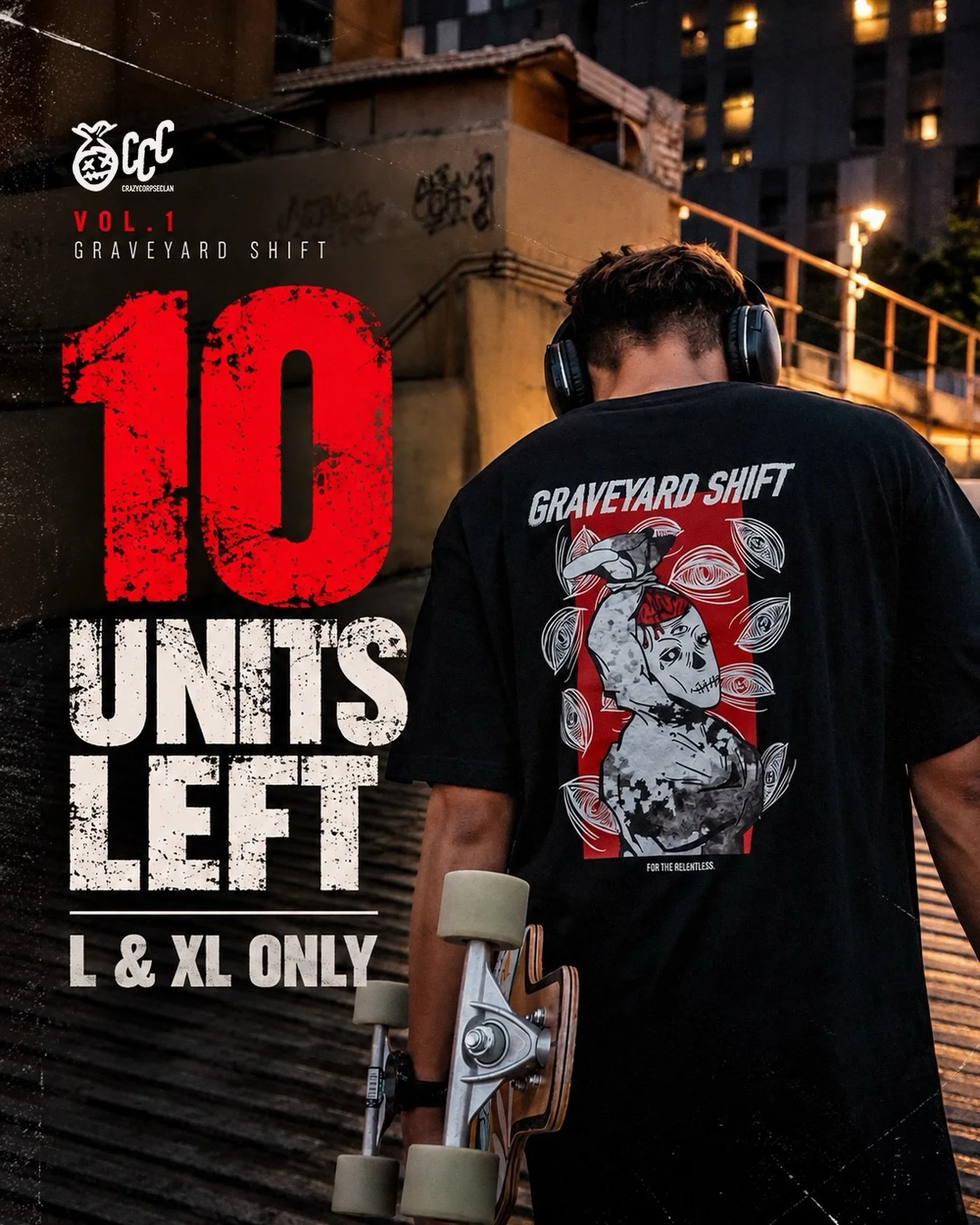 10 UNITS LEFT.

The graveyard is almost empty.

Vol. 1: Graveyard Shift is down to the final pieces.
Only L &amp; XL remain.

Once they&rsquo;re gone, they&rsquo;re gone.

For the Relentless.

🪦 Shop now. Link in bio.

#CrazyCorpseClan #GraveyardShi