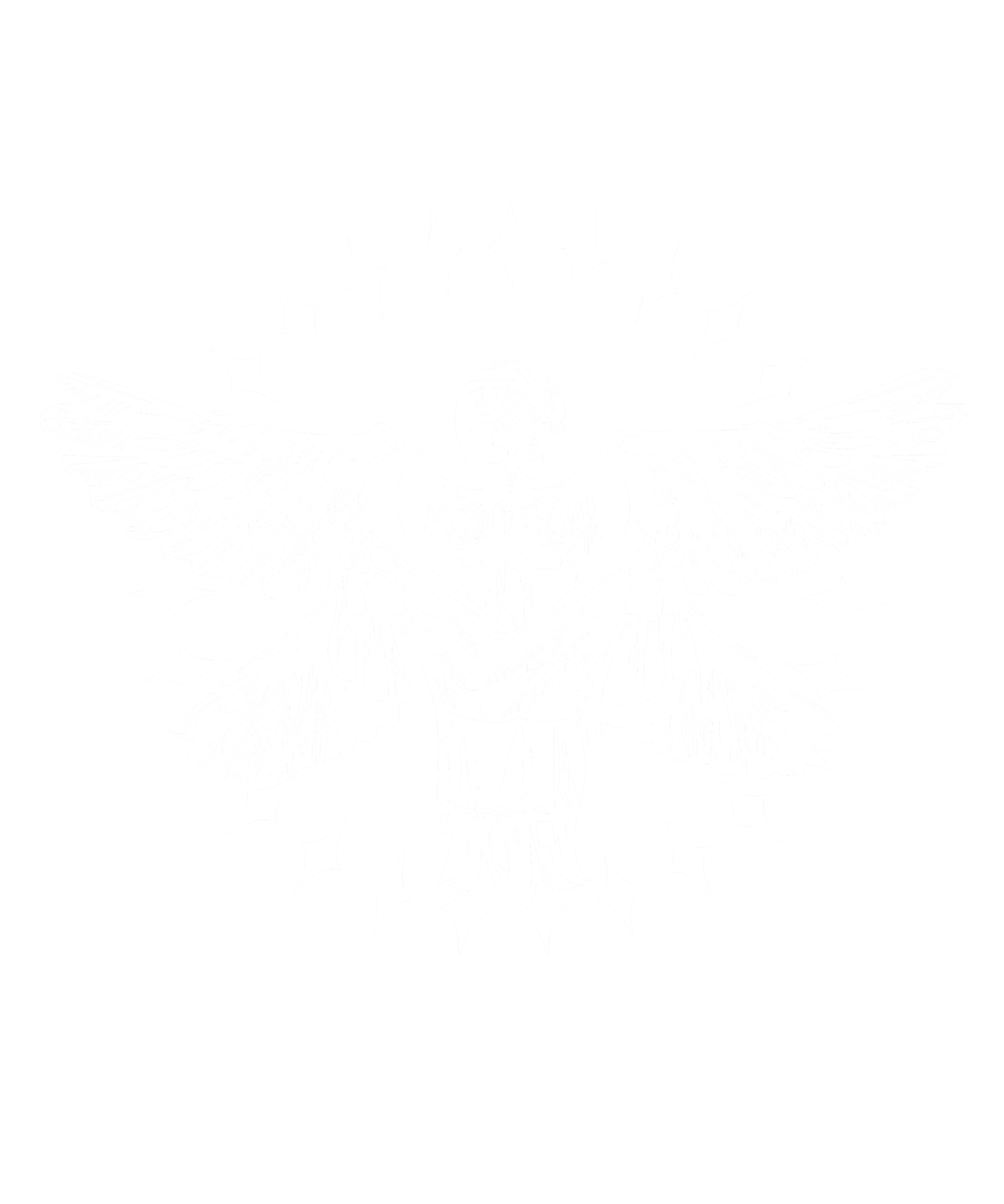 Black and white illustration of a bald eagle with outstretched wings, surrounded by star-like shapes.