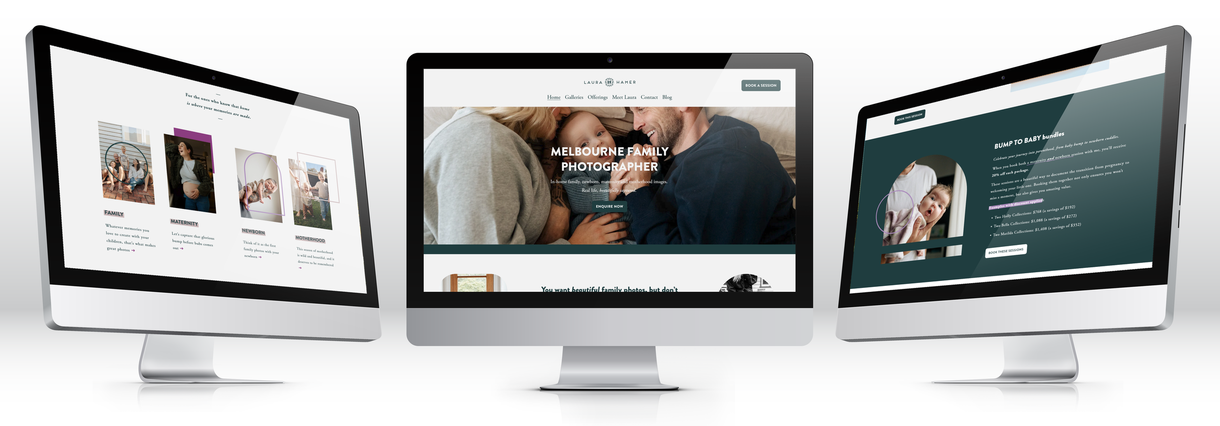 Three computer monitors displaying family photography websites with images of families, babies, and maternity photos in a professional photography style.