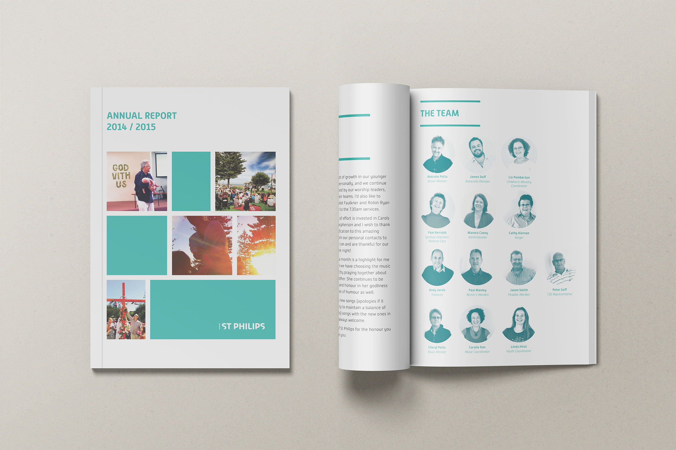 Open annual report booklet with images, and an open magazine showing a team page with headshots and names of team members.