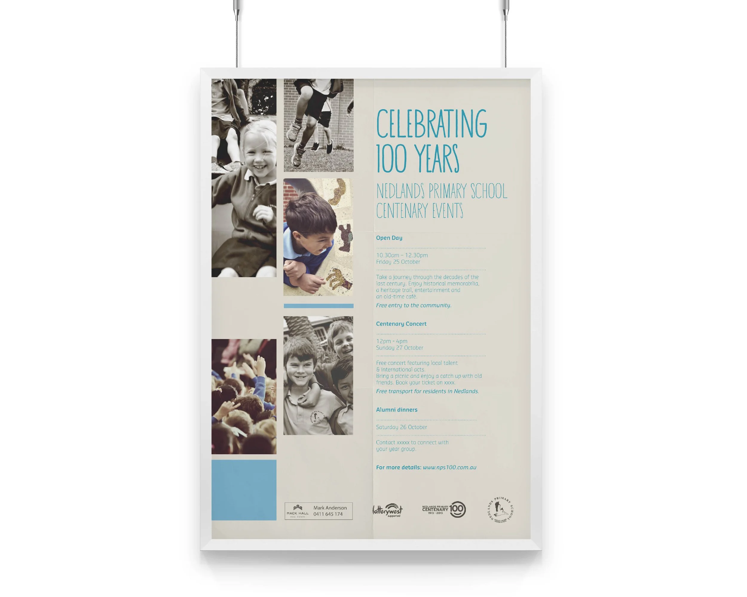 A poster celebrating 100 years of Nedlands Primary School with photos of children, event details, logos, and contact information.