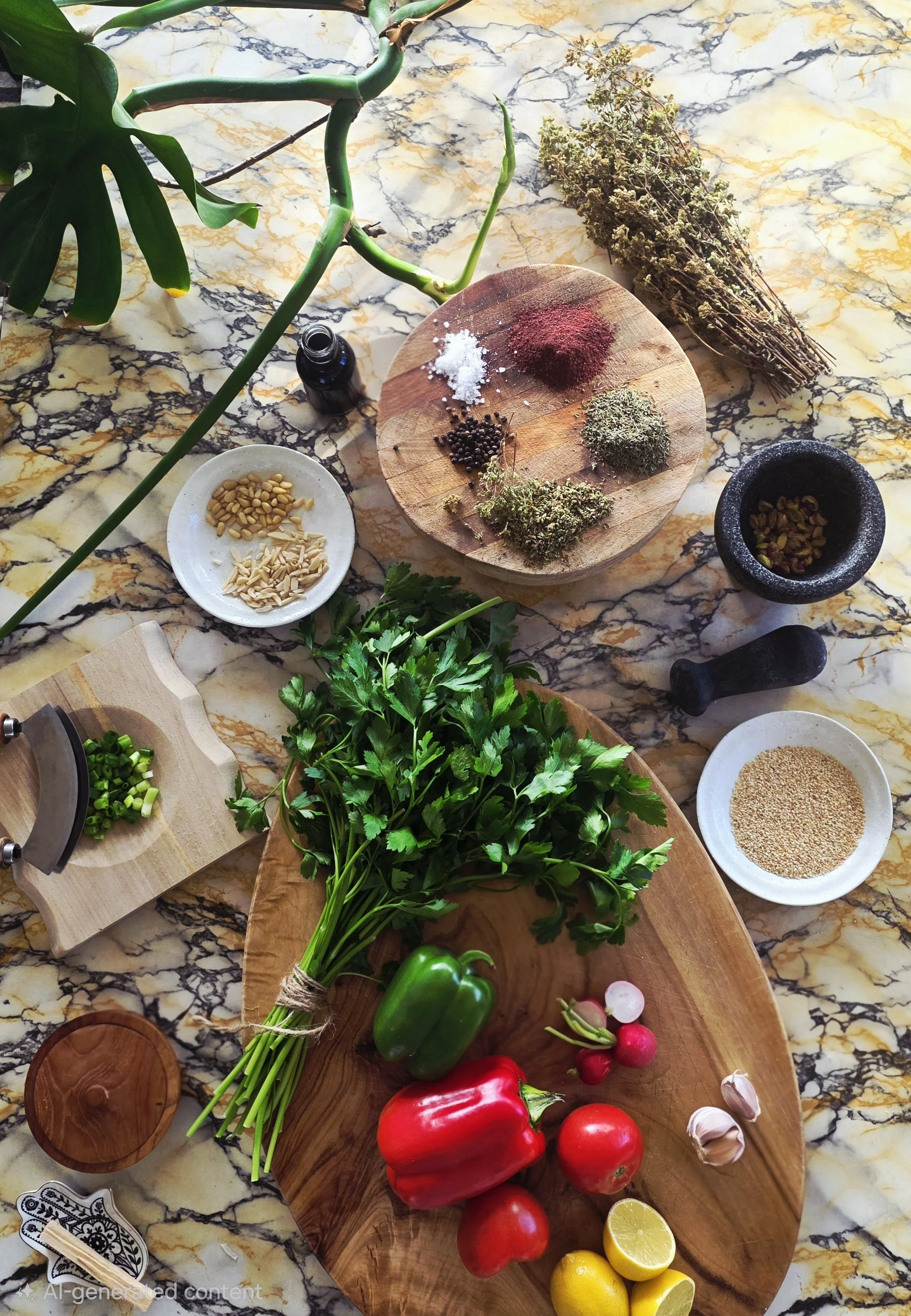 Various fresh vegetables, herbs, and spices on a marble countertop, including tomatoes, radishes, garlic, lemon, bell peppers, parsley, cilantro, and dried herbs, along with bowls of seeds and salt.