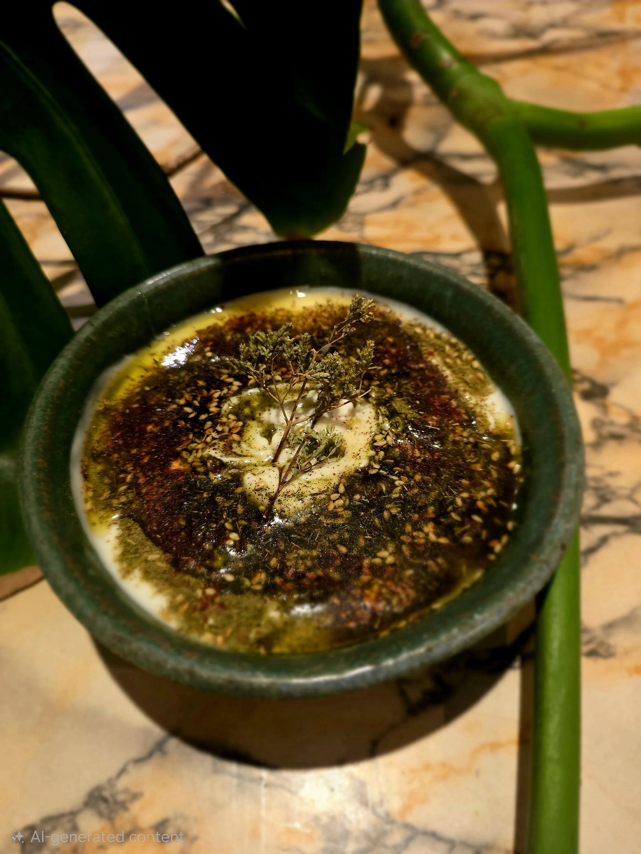 A small potted plant with green stems near a bowl filled with a creamy yoghurt dish topped with ZAATAR spice mix, olive oil herbs on a marble table.