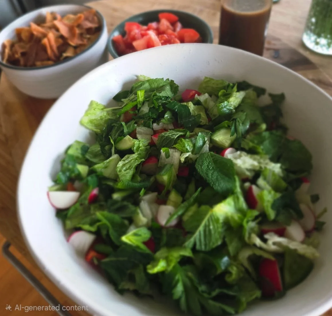 A bowl of fresh green salad with chopped lettuce, radishes, and mint leaves. In the background, there are small bowls with tomato and shredded meat, a glass of dark beverage, and a glass of water on a wooden table.