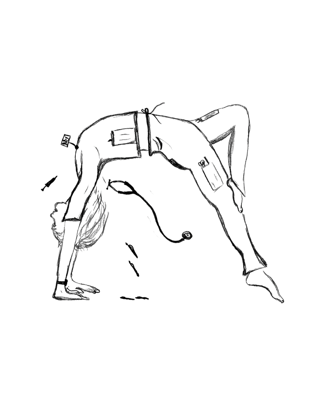 A black and white sketch of a woman practicing yoga in a tabletop position, with her legs spread apart and hands on the ground, wearing yoga pants and a sports bra.