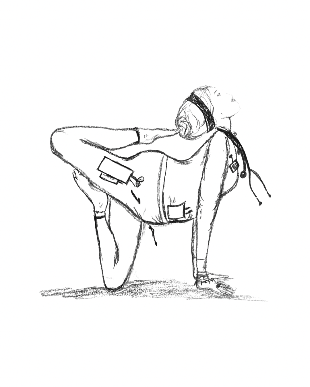 Sketch of a person in yoga pose with one leg behind the head, wearing scrubs with a stethoscope.