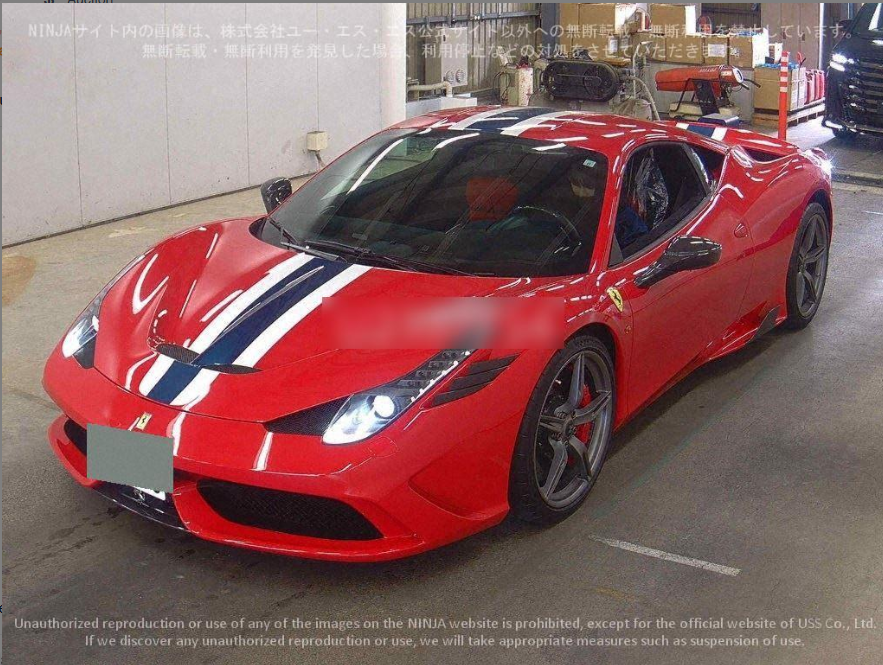 A red Ferrari sports car with blue and white racing stripes parked in a garage or underground parking lot.