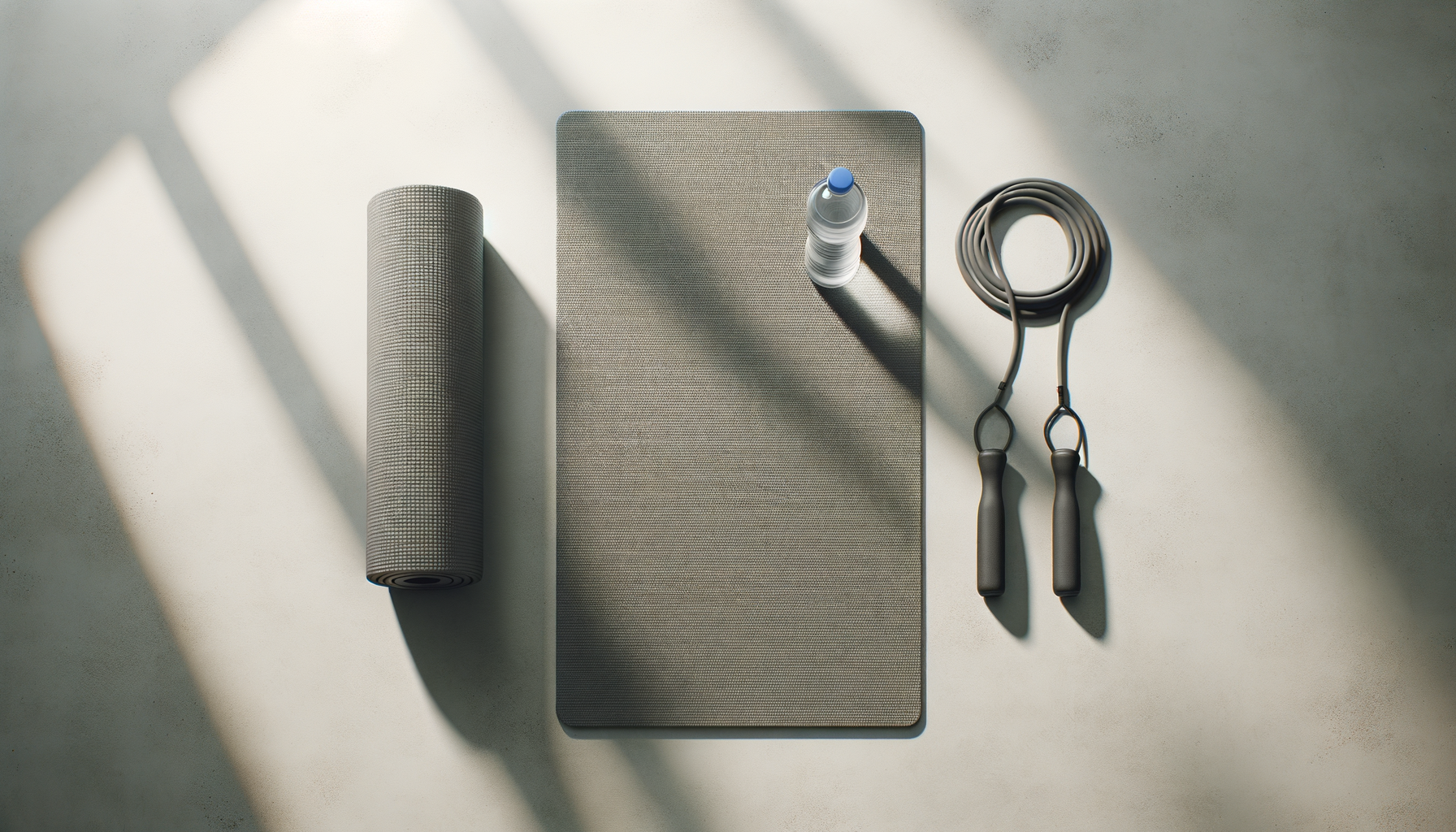 Yoga mat, water bottle, resistance jump rope, and exercise mat on light-colored surface with shadows.