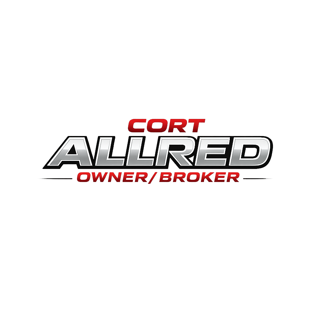 Logo with the text "CORT ALLRED OWNER / BROKER" in stylized font, with "ALLRED" in large silver and black, and "CORT" and "OWNER / BROKER" in red.