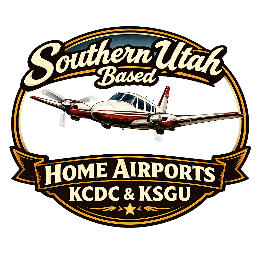 A logo featuring a private jet airplane with text indicating Southern Utah based home airports KCDC and KSGU.