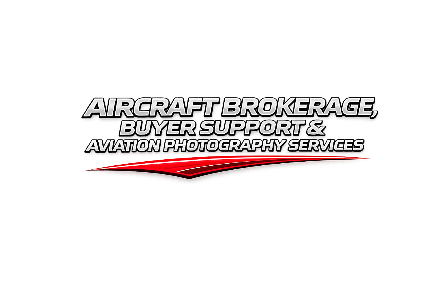 A colorful graphic with the text "Aircraft Brokerage, Buyer Support & Aviation Photography Services" in bold white letters on a gray background, with red and black accents and abstract colorful background design.