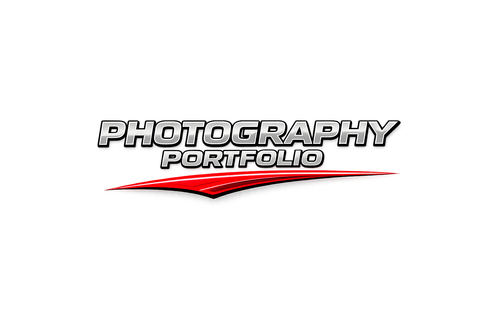 Digital graphic with distorted glitch effects, the text "PHOTOGRAPHY PORTFOLIO" in bold silver and black font, with a red swoosh underneath.