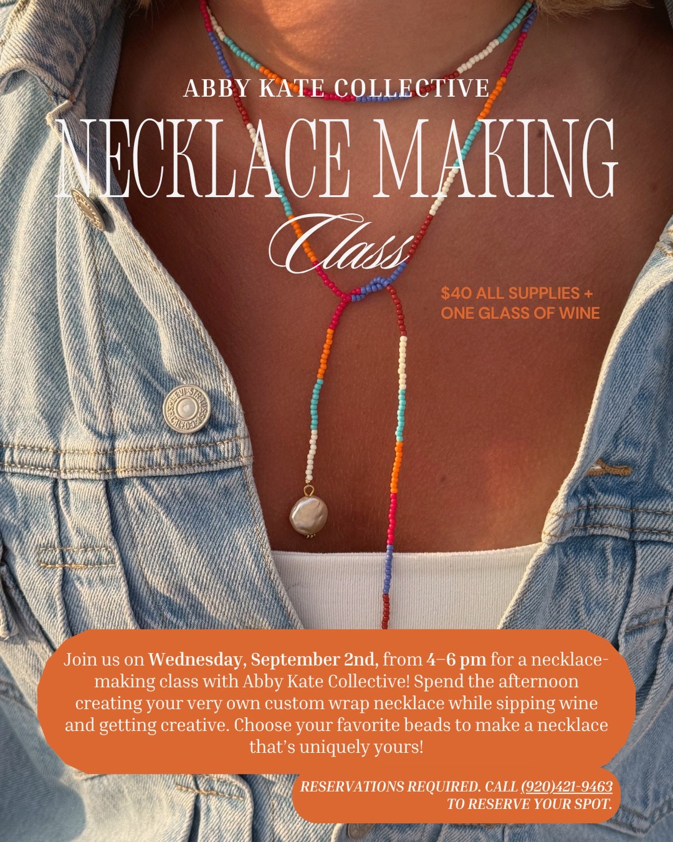 Come make your own custom wrap necklace with Abby at Twelve Eleven on September 2nd! 🌟

Reservations are required! Call (920)-421-9463 to reserve your spot. 

#JewelryMaking #DoorCountyWI #DoorCountyEvents #thingstodoindoorcounty #necklacemaking