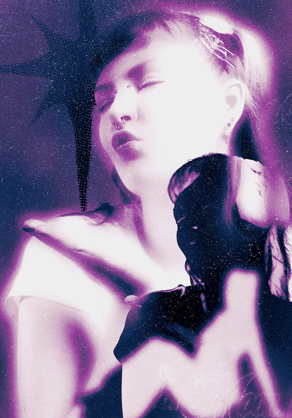 A digital art image of a woman with long hair and a confident expression, with a purple and pink color palette, and abstract elements surrounding her.