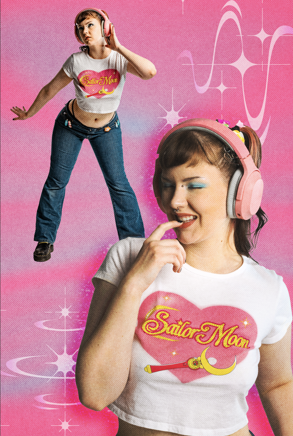 Two young women wearing pink headphones, one with a 'Sailor Moon' t-shirt, posing against a pink background with sparkles and abstract lines.