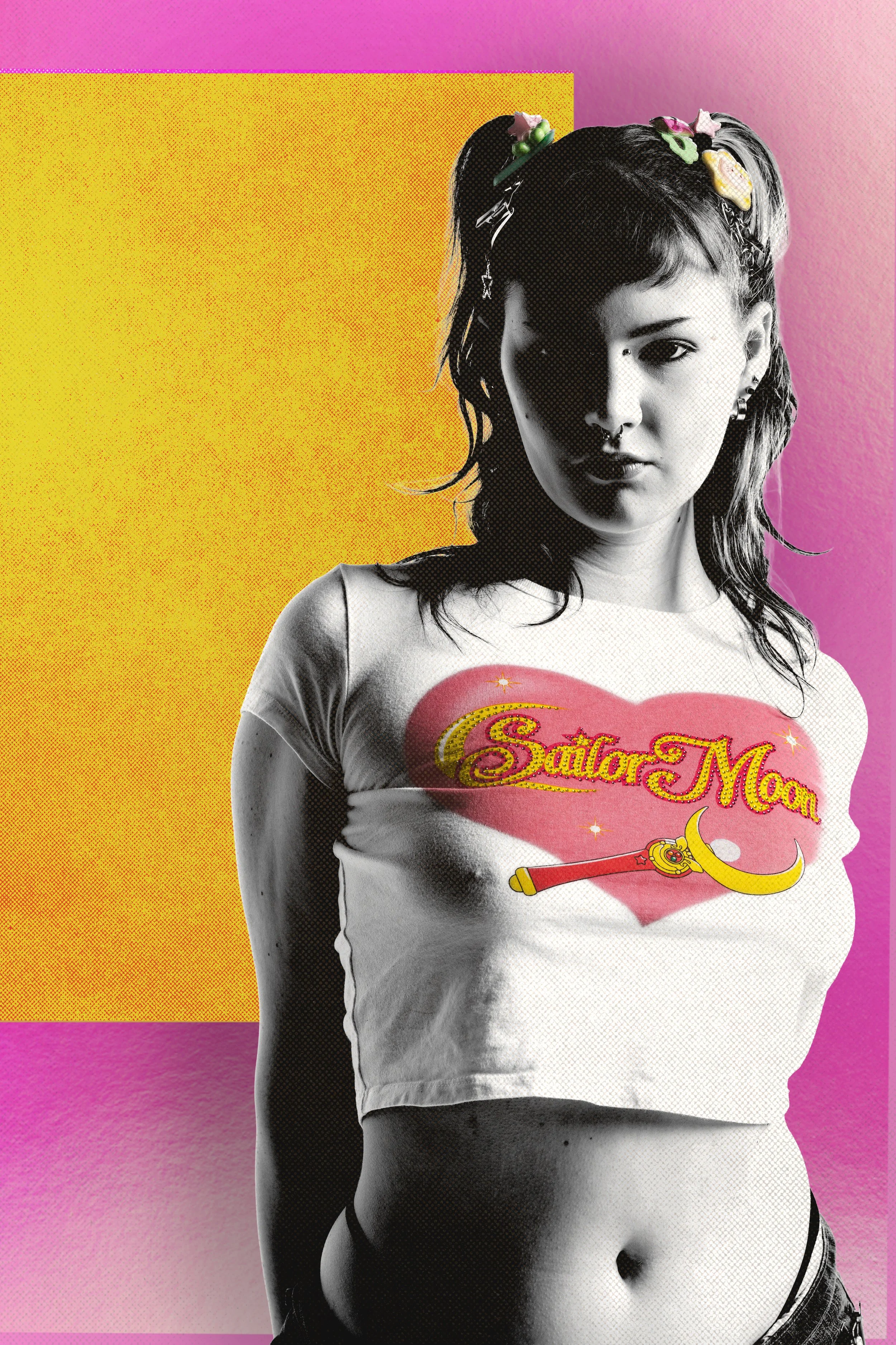 Black and white photo of a woman with dark, wavy hair styled in pigtails, wearing a Sailor Moon graphic T-shirt with a pink heart and crescent moon, set against a colorful pink and yellow background.