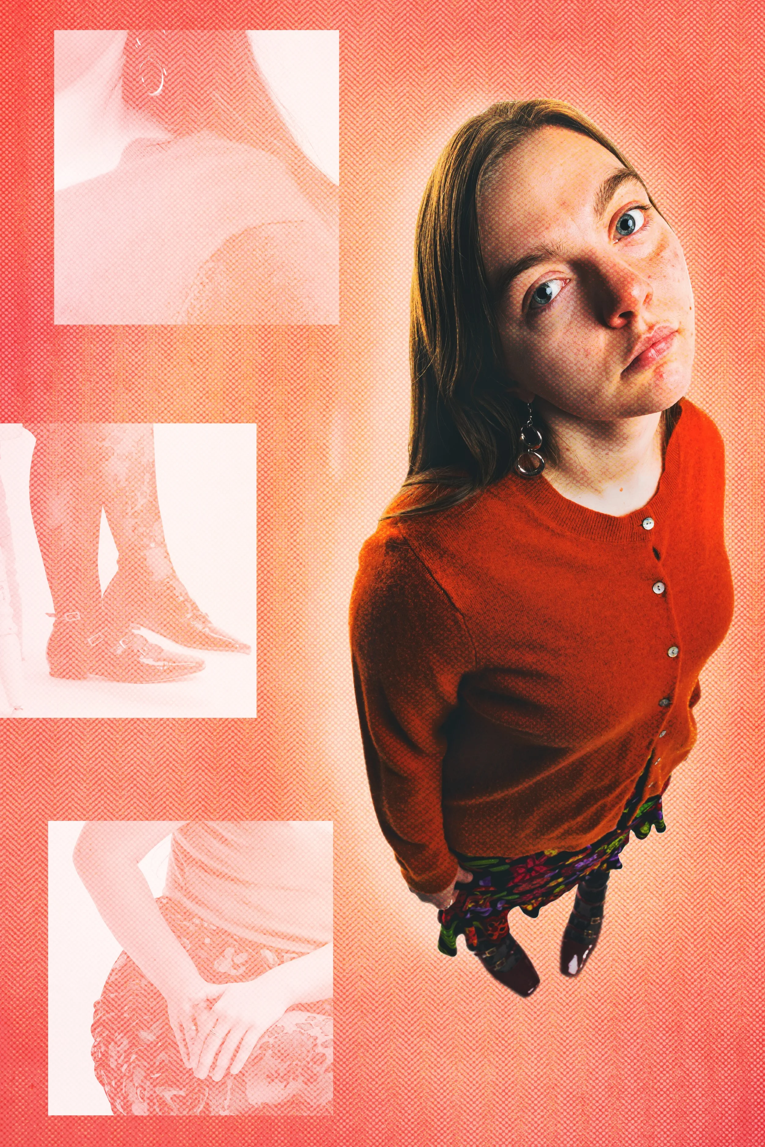Young woman in orange sweater and printed pants, looking up at the camera with a neutral expression, against a textured red background with a faded, partially visible insert of a figure.