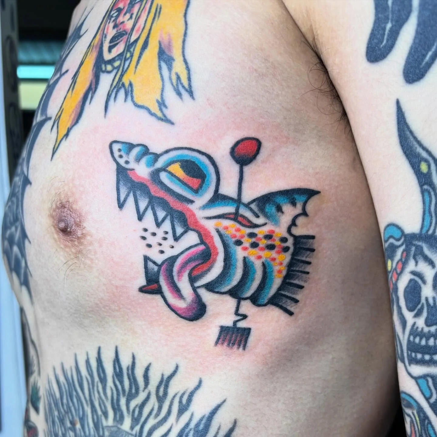 Freehand shark I got to add to @kkiko.man awesome collection of tattoos! 

Made at @superdeluxestudio 

Bookings for April are filling up so dm or drop into the shop if you&rsquo;d like to book a spot!

#tattoomerimbula #merimbula #farsouthcoasttatto