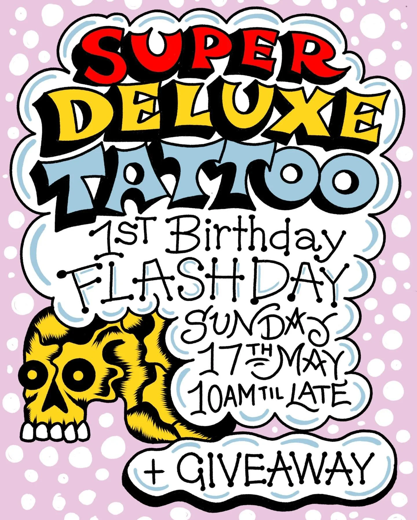 To celebrate our 1st Birthday we will be holding a Flash Day AND Giveaway! 

TATTOO GIVEAWAY💀

1st prize - $300 tattoo voucher 
2nd Prize - Super Deluxe hat and A2 Print 
How to enter: ⭐ Follow @superdeluxestudio  ⭐ Like this post ❤️ ⭐ Tag a friend 