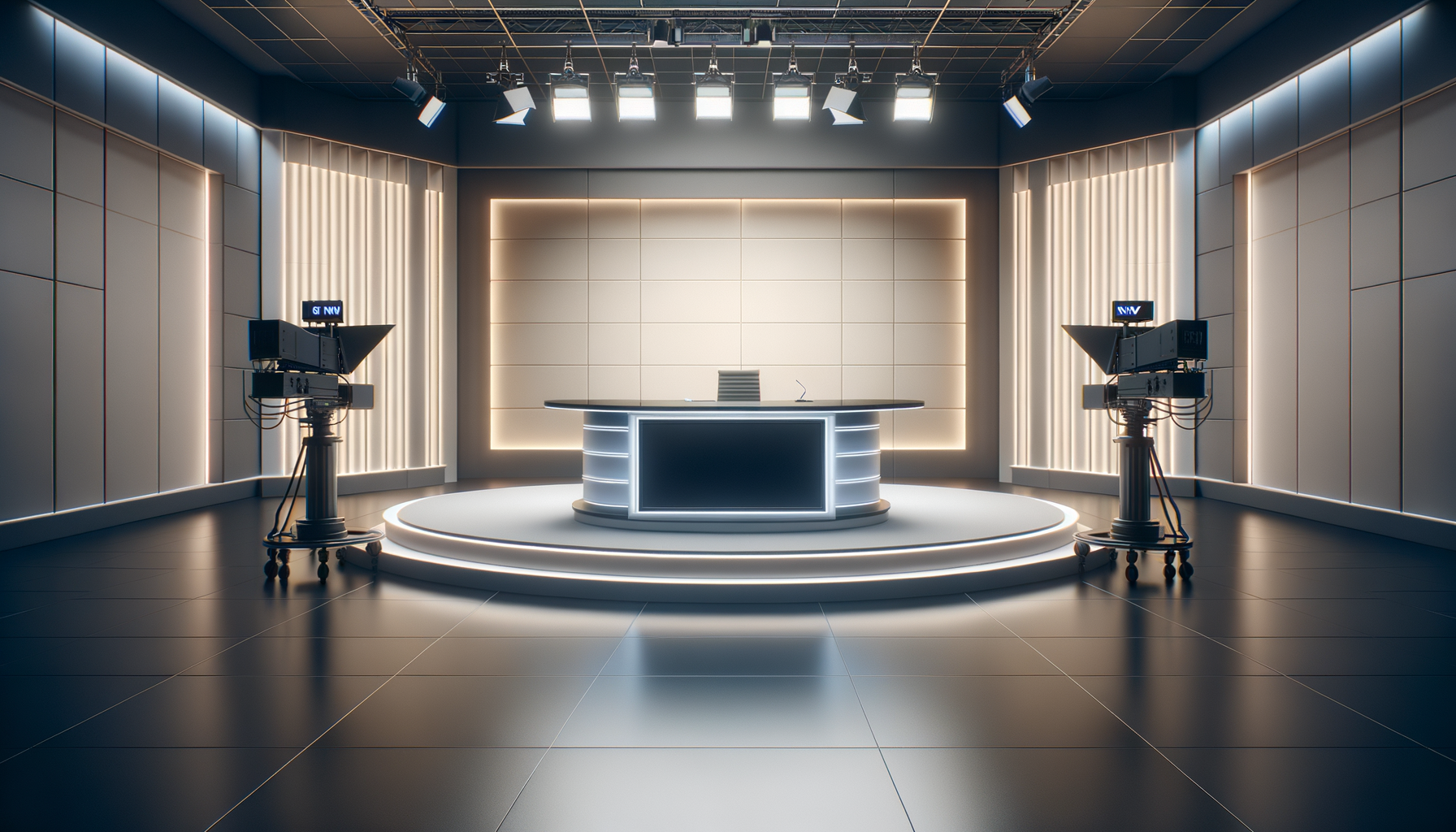 Empty modern television news studio with a sleek desk, illuminated by overhead studio lights, camera equipment on both sides, and a riser with circular steps.