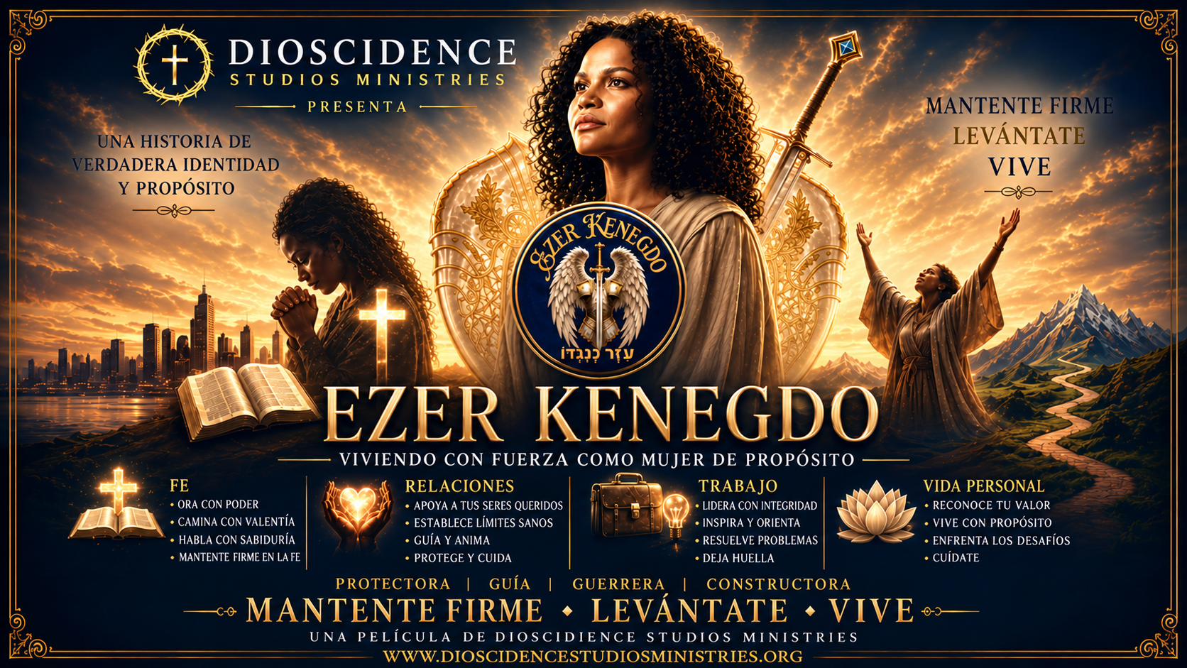 Promotional poster for Ezor Kenegdo, a movie by Dioscidence Studios Ministries. Features a woman with curly hair in a beige robe at the center, with a sword on her back, a city skyline at sunset on the left, and mountains on the right. The poster includes various religious and motivational phrases in Spanish, such as "Mantente Firme, Levántate, Vive," and emphasizes themes of faith, relationships, work, and personal life.