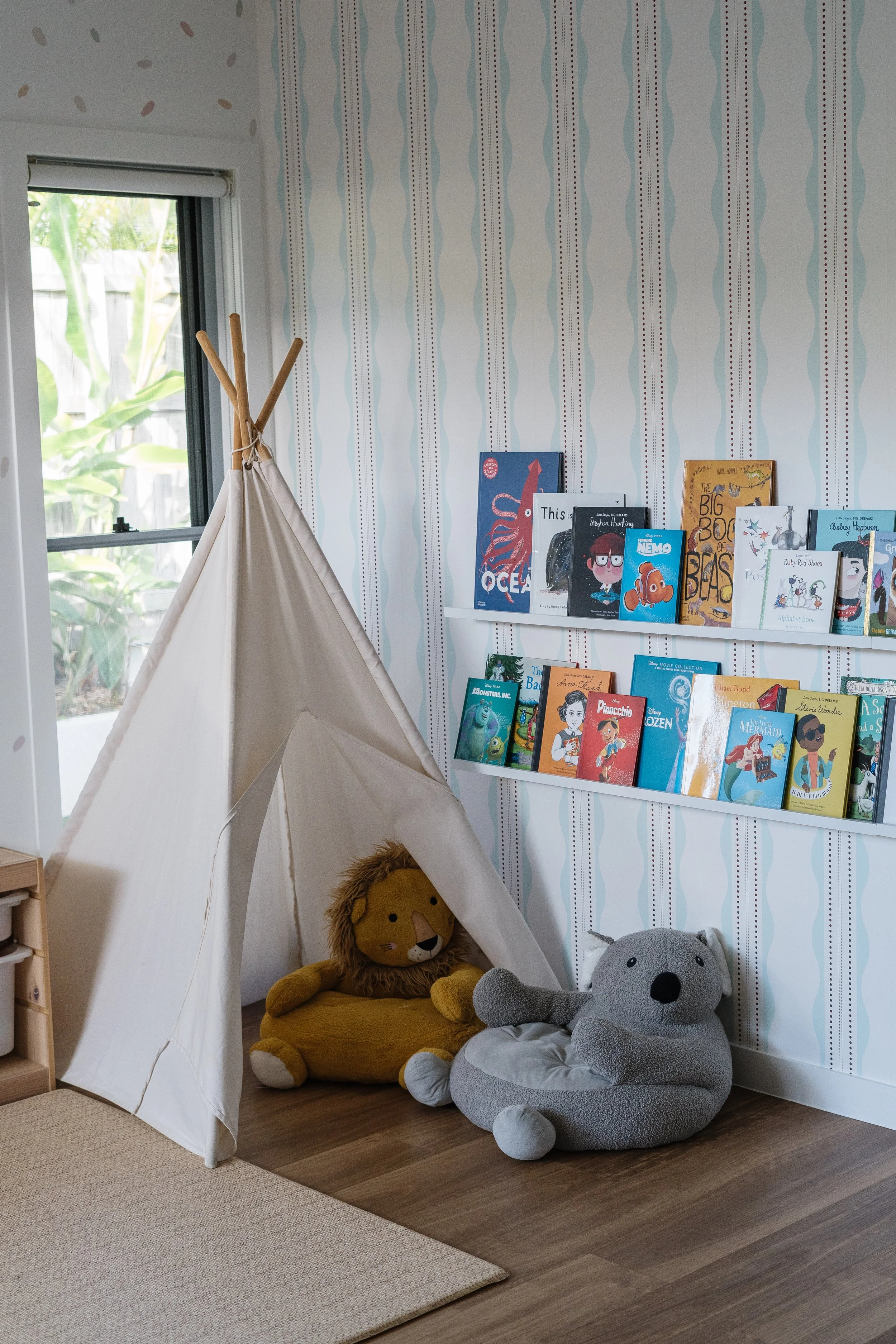 kids playroom with animal teddies