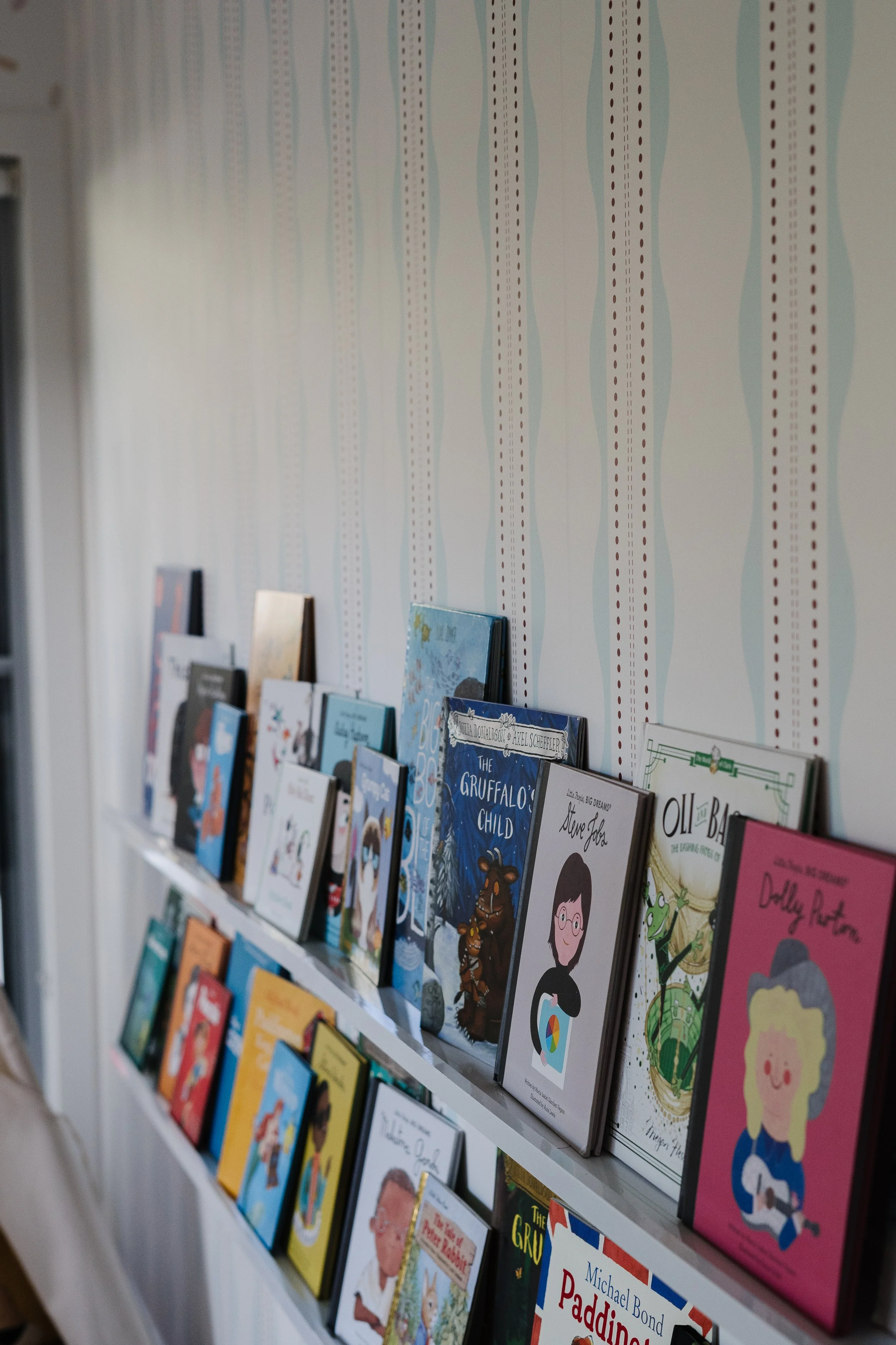 kids book shelf on wallpaper wall