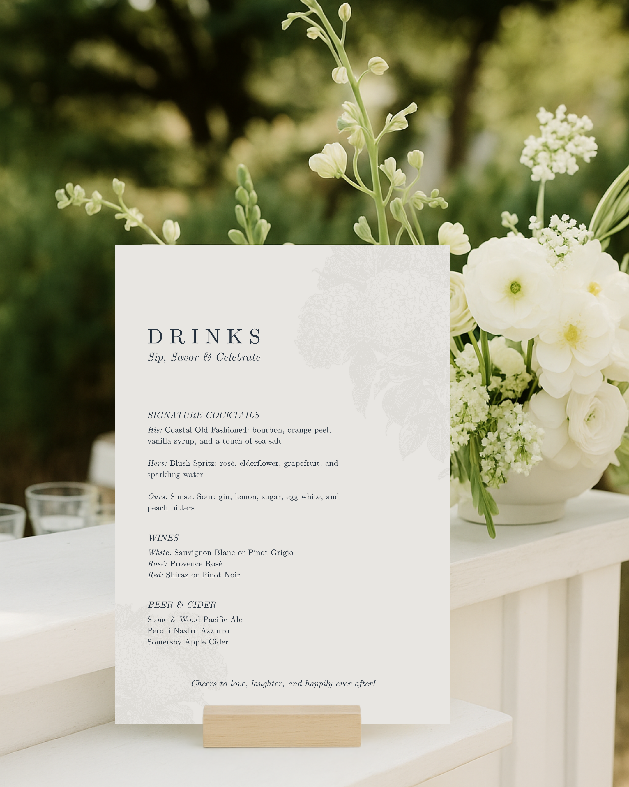 Estate Wedding Drinks Menu