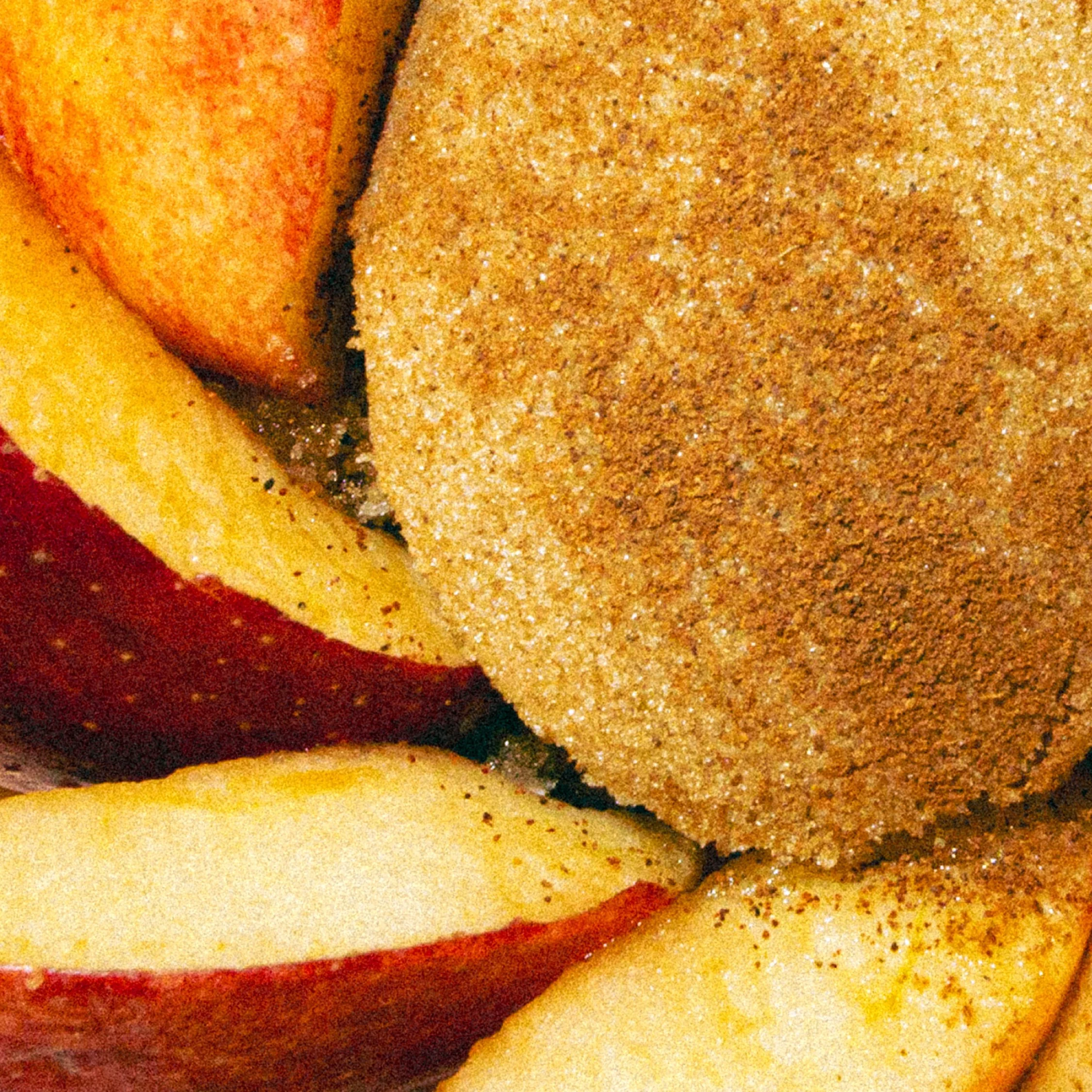 Close-up of sliced apples with cinnamon and a baked apple with cinnamon sugar topping.