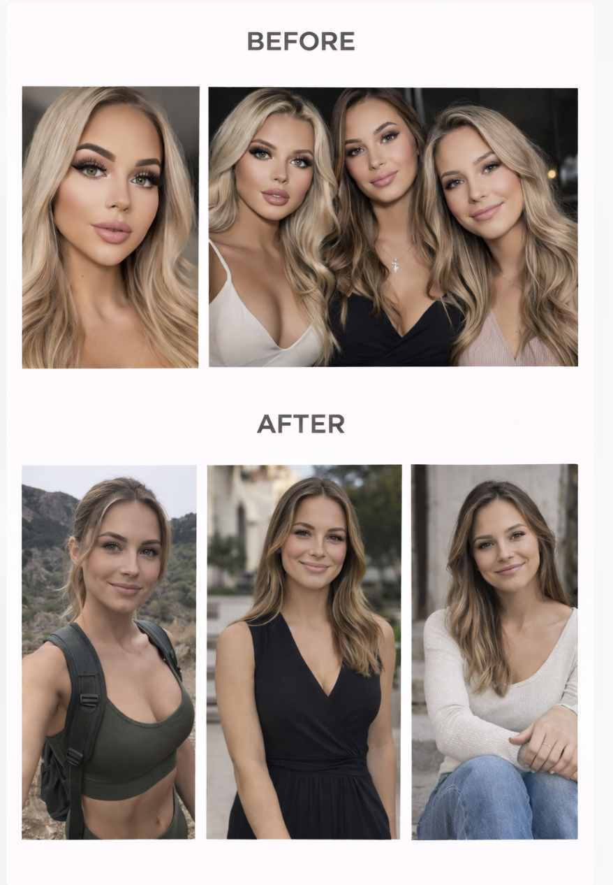 Before and after photos of a woman showing makeup and hairstyle changes, with the before photos featuring glamorous makeup and styled hair, and the after photos showcasing a natural look with minimal makeup and casual hairstyles.
