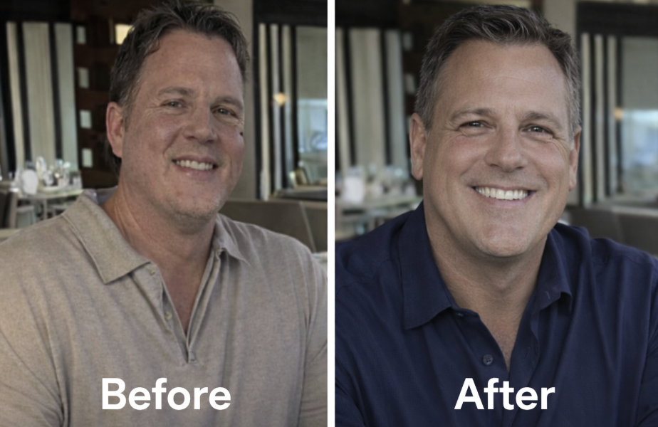 Side-by-side comparison of a man before and after achieving a professional haircut and grooming, smiling in both images, with the 'Before' on the left and 'After' on the right.