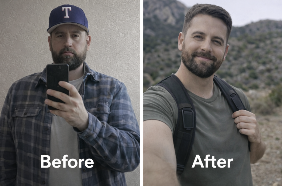 Side-by-side comparison of a man indoors taking a selfie with a phone in the before image, and outdoors with a backpack in the after image.