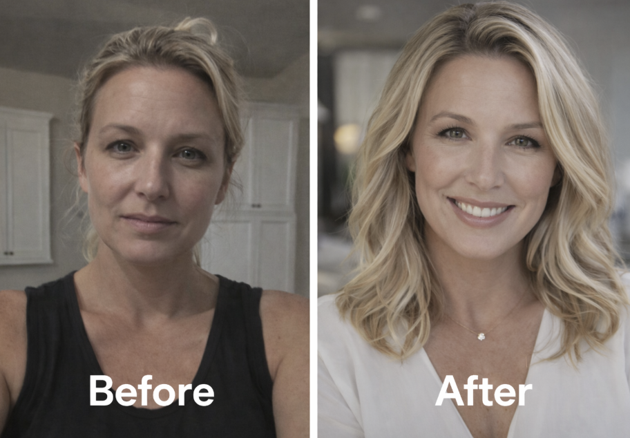 Side-by-side comparison of a woman before and after makeup and styling, showing a natural look on the left and a polished, styled look on the right.