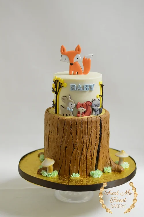 fox+and+tree+stump+baby+shower+cake woodland.webp